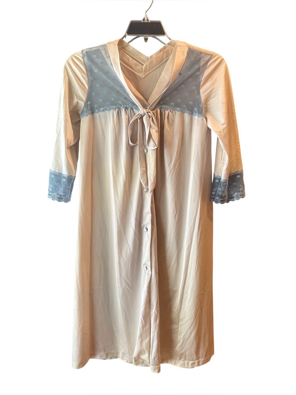 Vintage Sans Souci 2pc Peignoir Set Ivory Blue Lace Robe Nightgown Small 70s